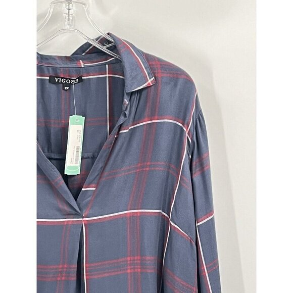 Vigoss Blue Plaid Popover Doreen V Neck Top Sz 2X NWT Long Sleeve Collared - Picture 3 of 7